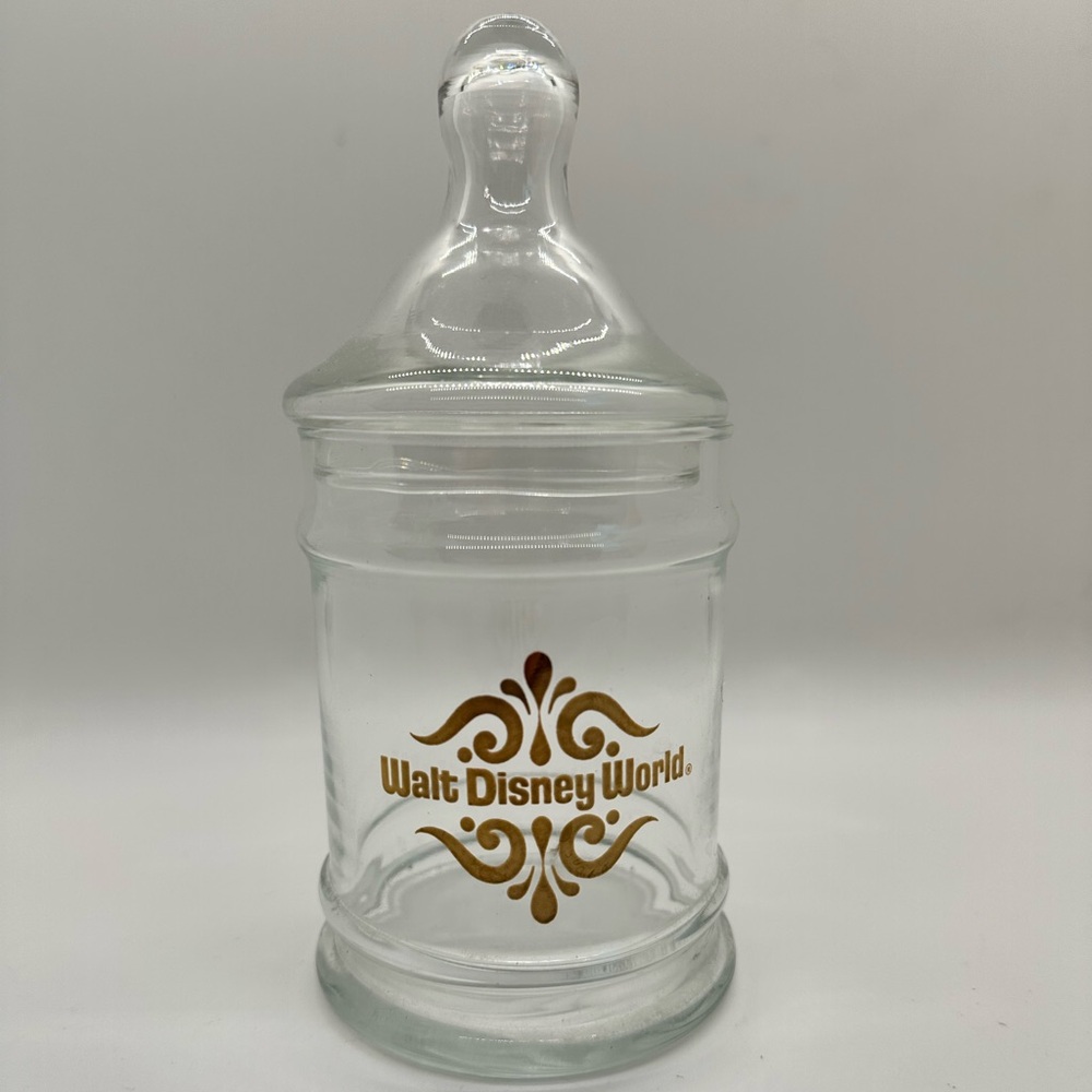 VINTAGE WALT DISNEY‎ WORLD GLASS APOTHECARY STYLE CANDY JAR w/GOLDEN EMBLEM 7”